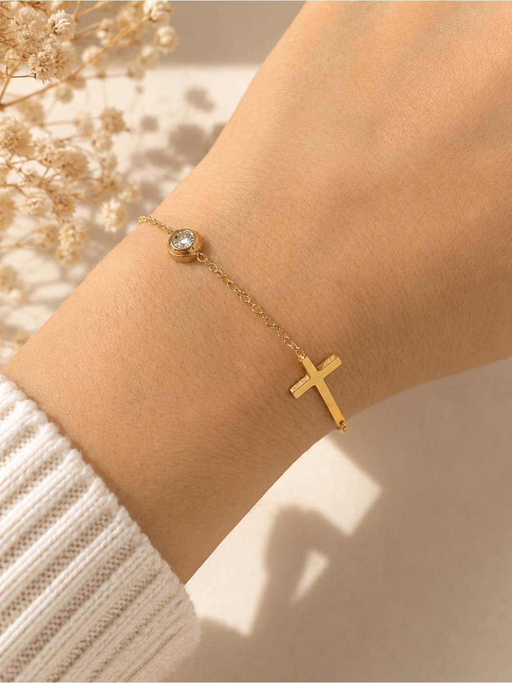 Gold Plated Cross and Crystal Bezel Chain Bracelet - Women Jewelry